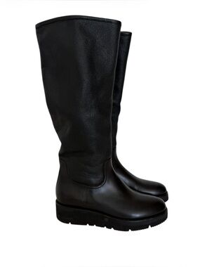 Santoni Women's Black Tall Leather Boots - Lined in Shearling